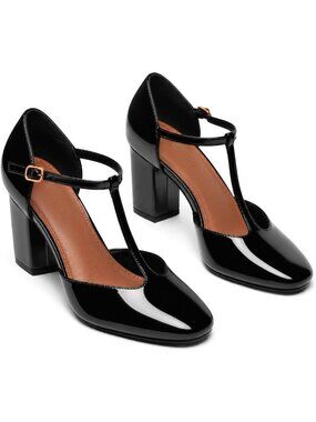 Women's Black Mary Jane Chunky Heel Square Closed Toe Pumps Ankle Strap Shoes